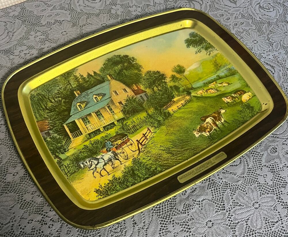 Vintage Currier & Ives American Homestead Summer Metal Tin Serving Tray 1868